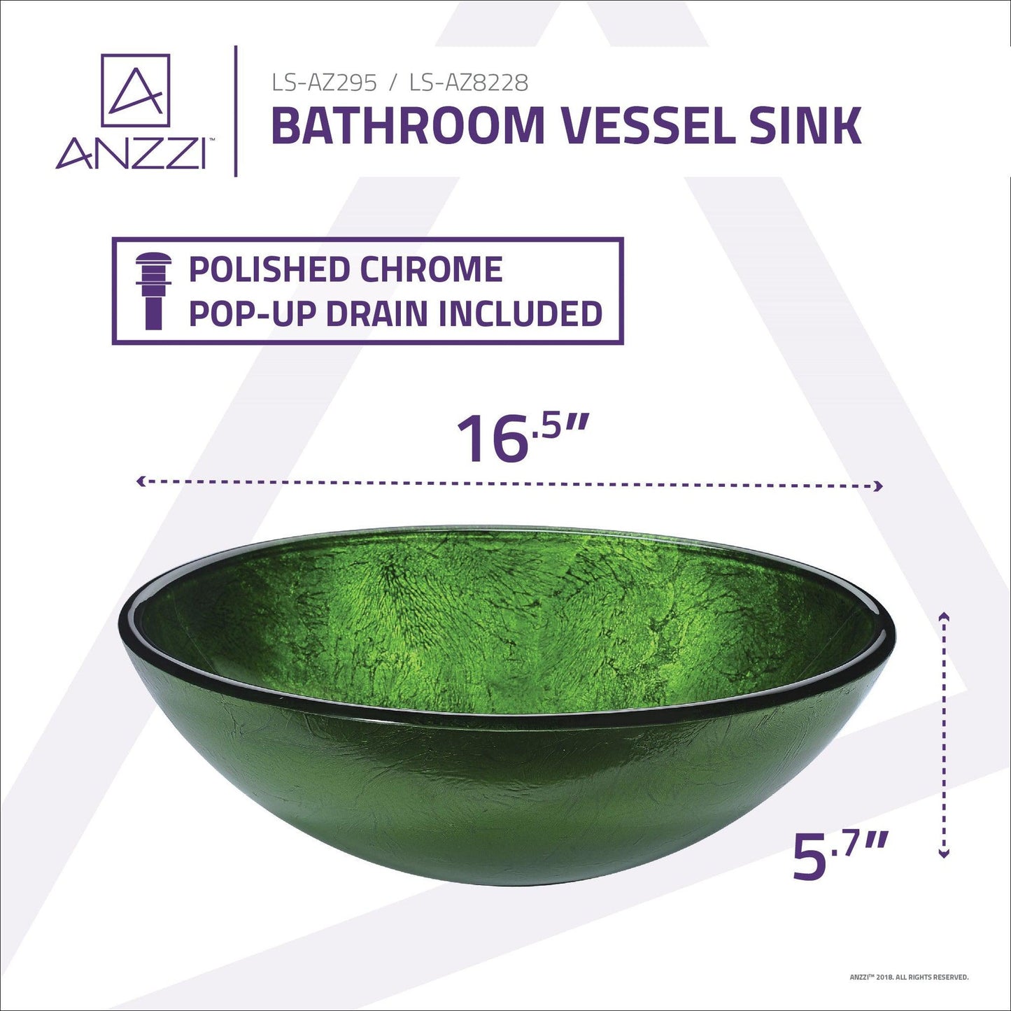 ANZZI Posh Series 17" x 17" Round Verdure Green Deco-Glass Vessel Sink With Polished Chrome Pop-Up Drain