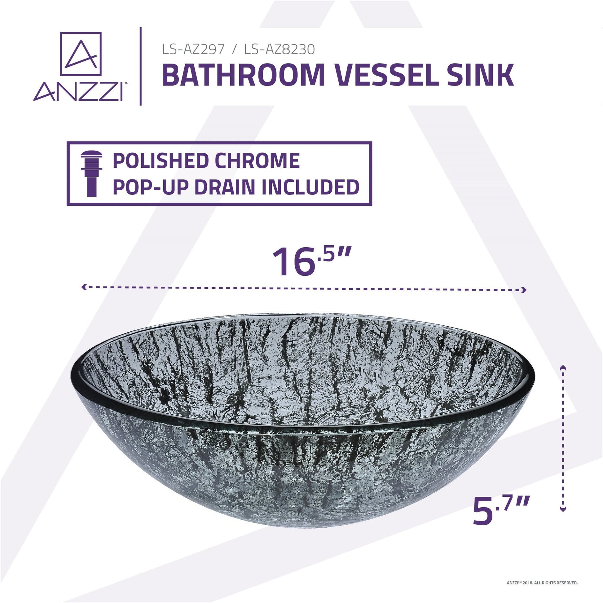 ANZZI Posh Series 17" x 17" Round Verdure Silver Deco-Glass Vessel Sink With Polished Chrome Pop-Up Drain