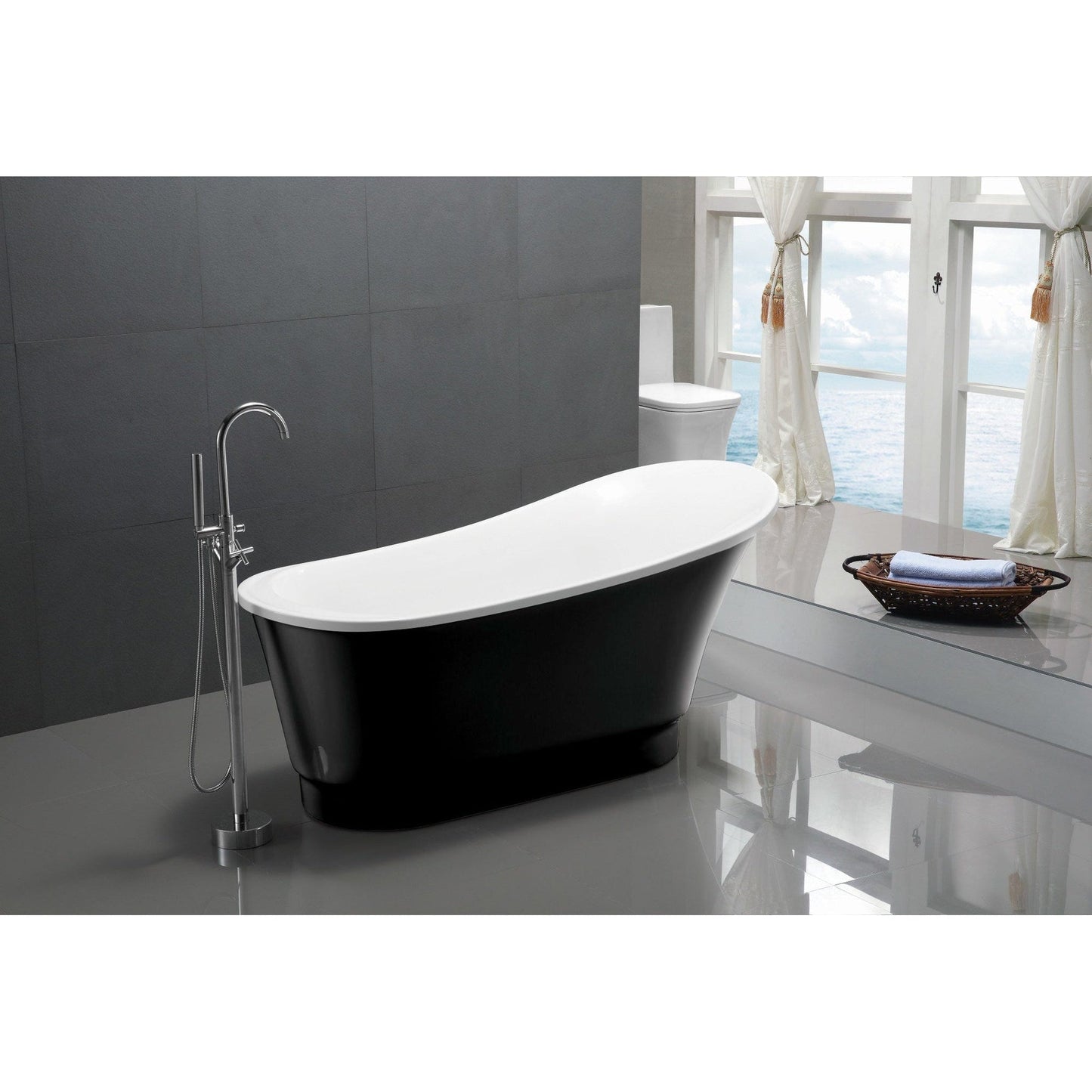 ANZZI Prima Series 67" x 31" Glossy Black Freestanding Bathtub With Built-In Overflow and Pop-Up Drain