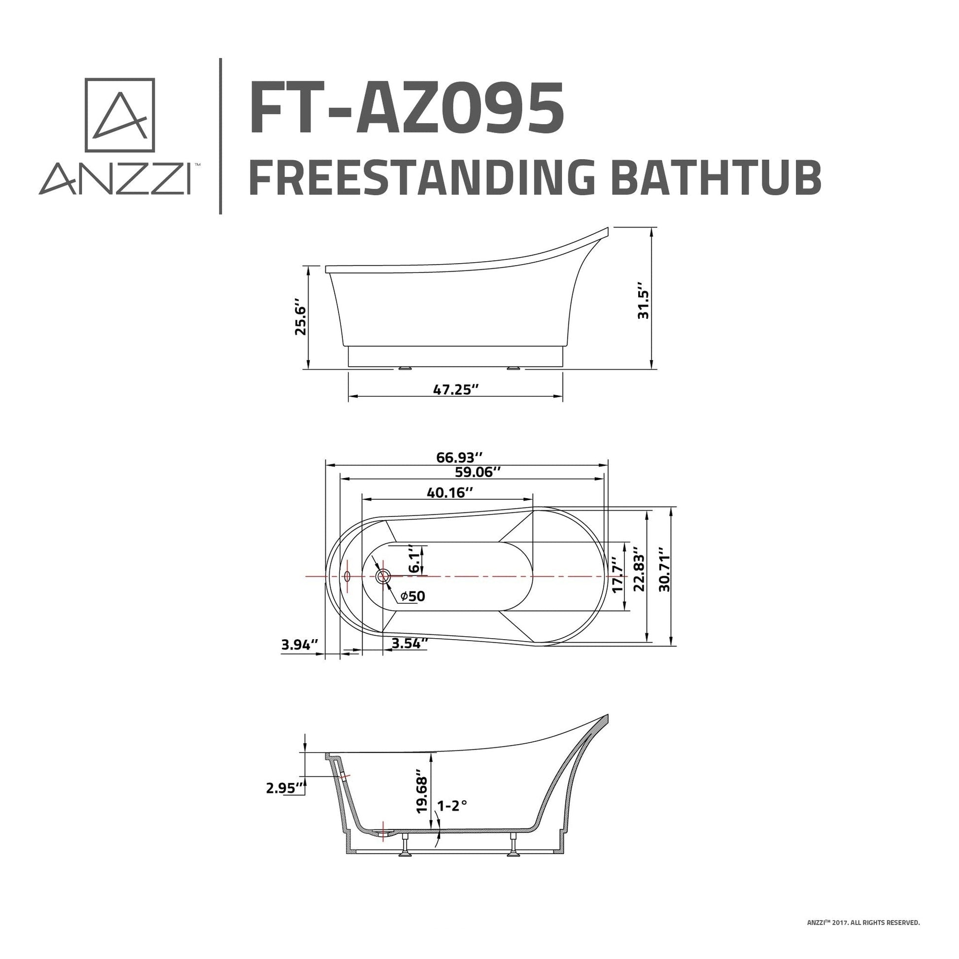 ANZZI Prima Series 67" x 31" Glossy White Freestanding Bathtub With Built-In Overflow and Pop-Up Drain