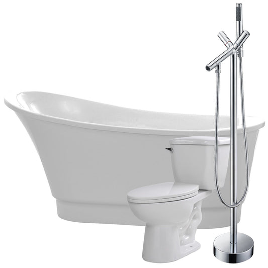 ANZZI Prima Series 67" x 31" Glossy White Freestanding Bathtub With Havasu Bathub Faucet and Kame Toilet