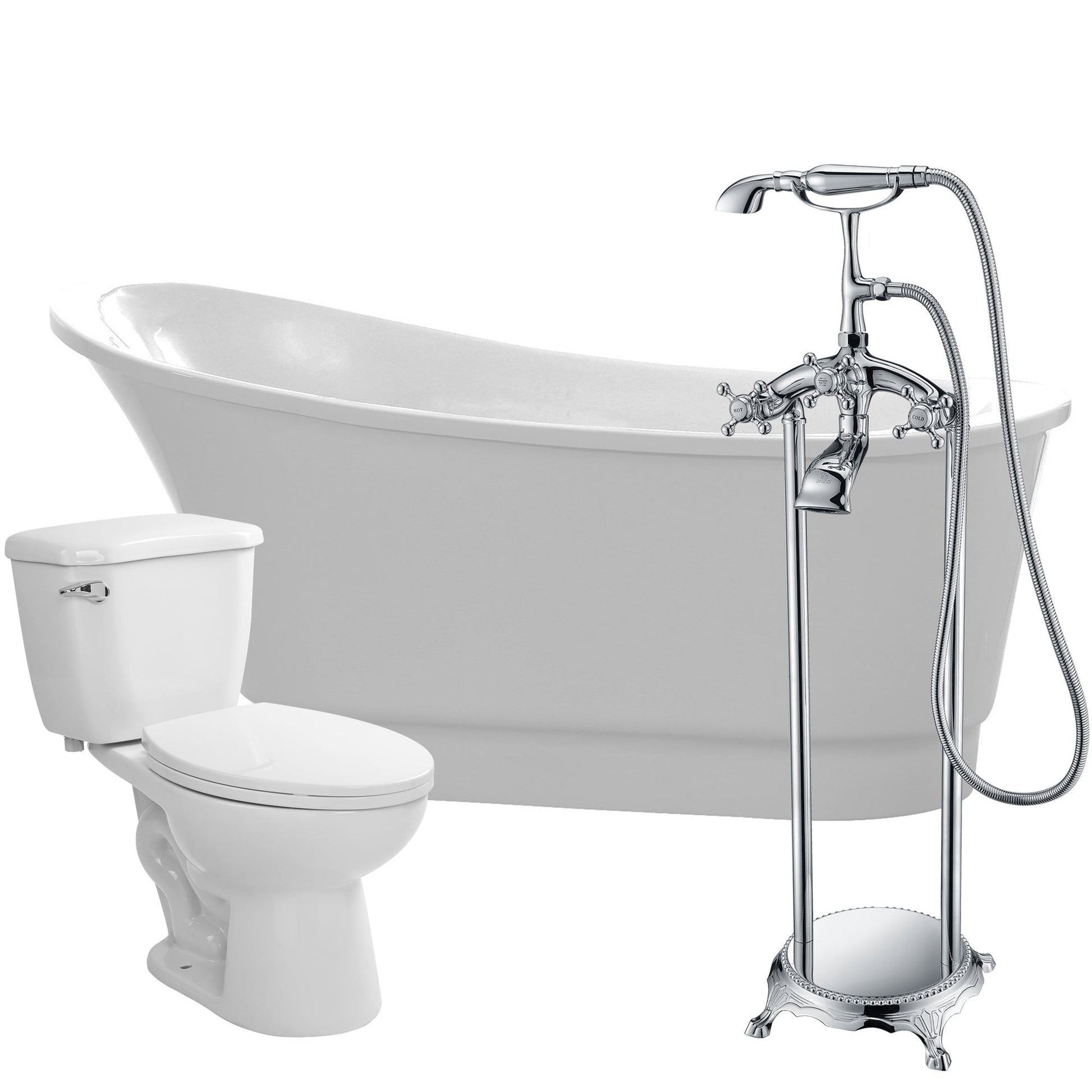ANZZI Prima Series 67" x 31" Glossy White Freestanding Bathtub With Tugela Bathtub Faucet and Kame Toilet