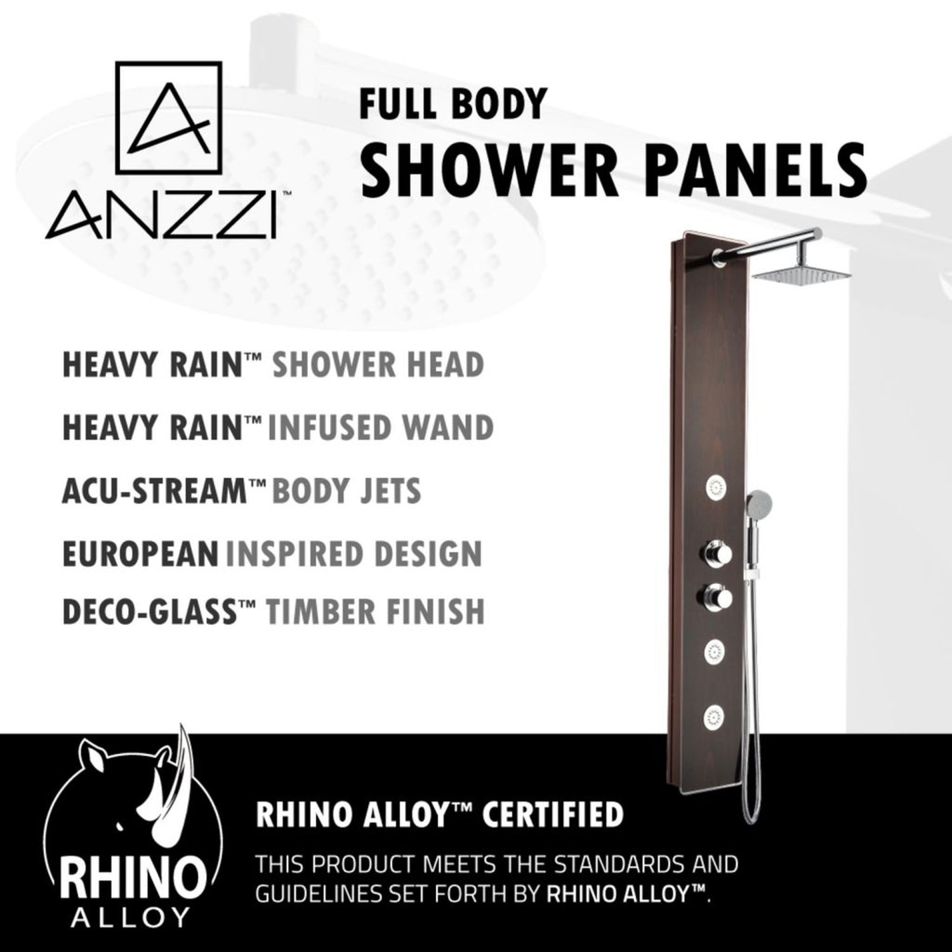 ANZZI Pure Series 59" Mahogany 3-Jetted Full Body Shower Panel With Heavy Rain Shower Head and Euro-Grip Hand Sprayer