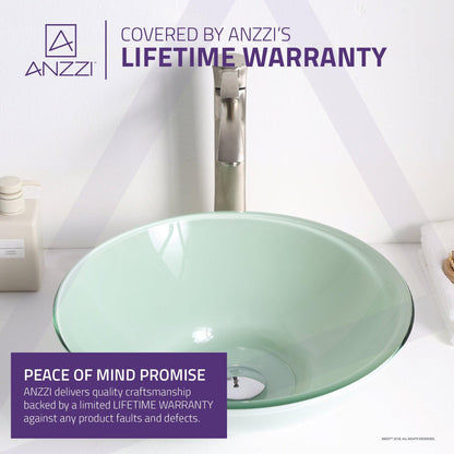 ANZZI Raider Series 16" x 16" Round Lustrous Light Green Deco-Glass Vessel Sink With Polished Chrome Pop-Up Drain