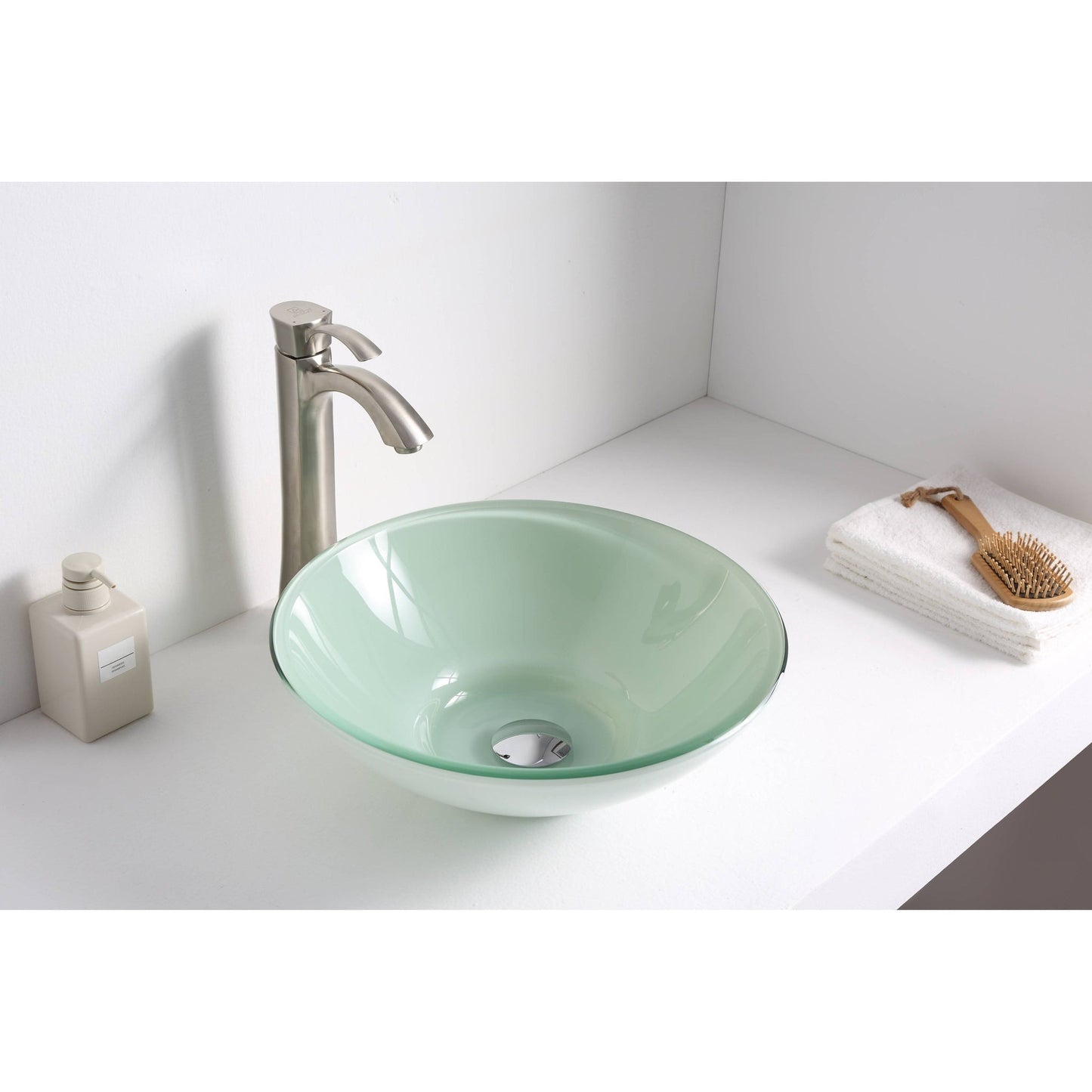 ANZZI Raider Series 16" x 16" Round Lustrous Light Green Deco-Glass Vessel Sink With Polished Chrome Pop-Up Drain