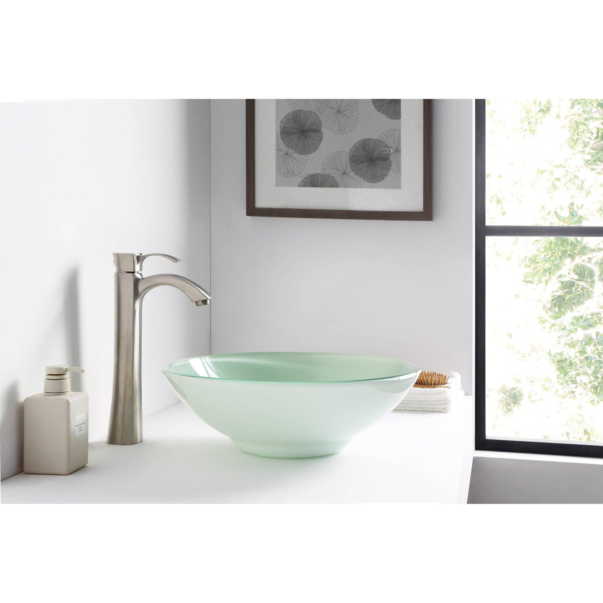 ANZZI Raider Series 16" x 16" Round Lustrous Light Green Deco-Glass Vessel Sink With Polished Chrome Pop-Up Drain