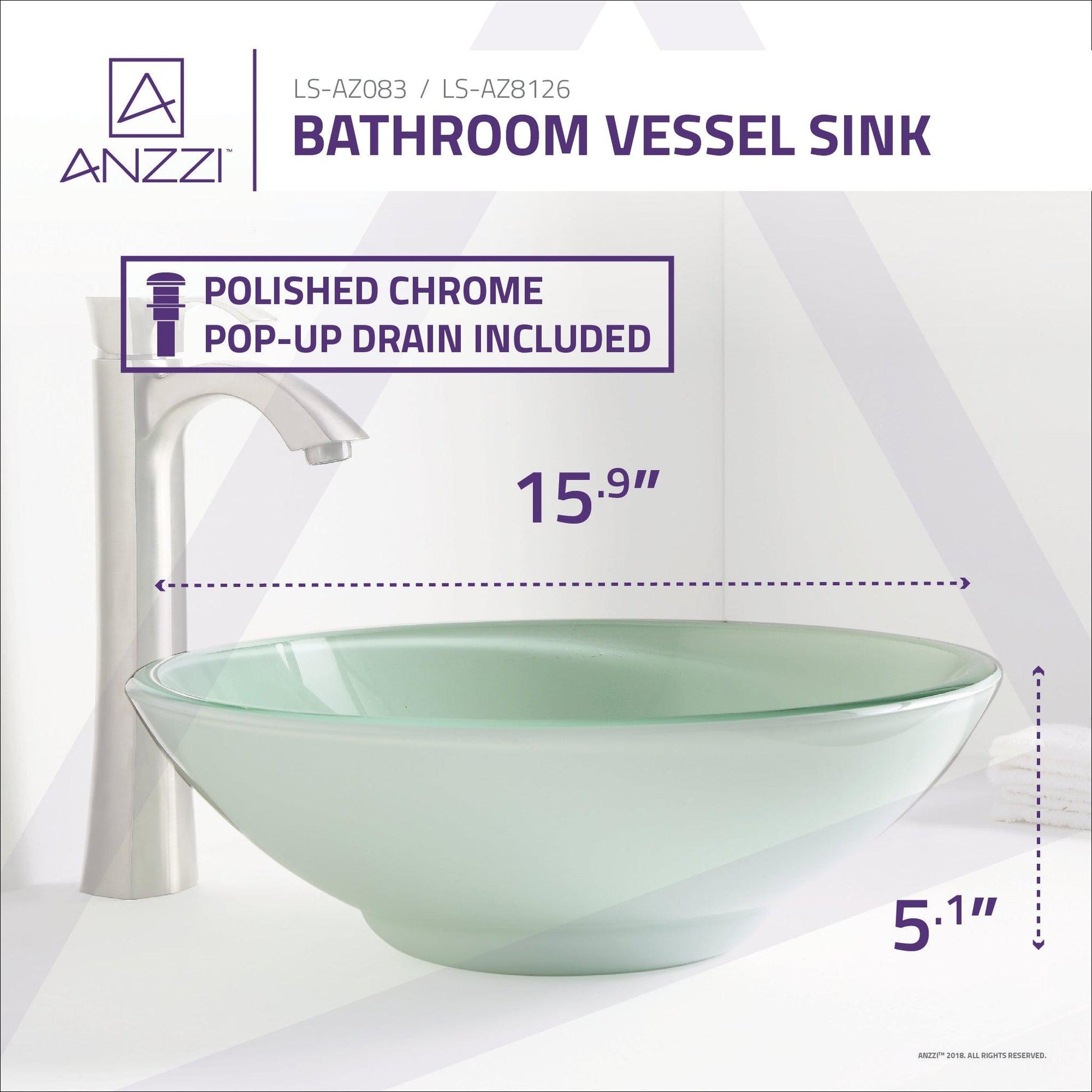 ANZZI Raider Series 16" x 16" Round Lustrous Light Green Deco-Glass Vessel Sink With Polished Chrome Pop-Up Drain