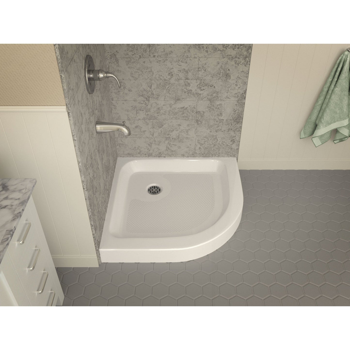 ANZZI Randi Series 32" x 32" Center Drain Neo-Round Double Threshold White Shower Base With Built-in Tile Flange