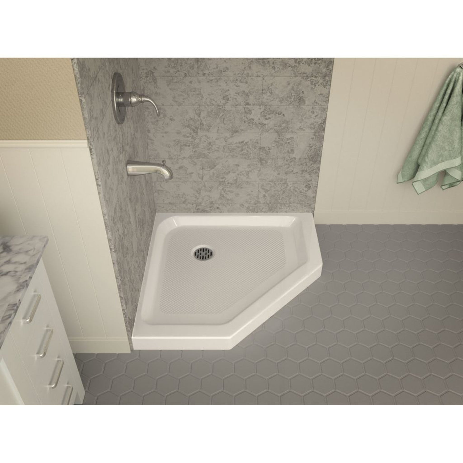 ANZZI Randi Series 36" x 36" Center Drain Neo-Angle Double Threshold White Shower Base With Built-in Tile Flange