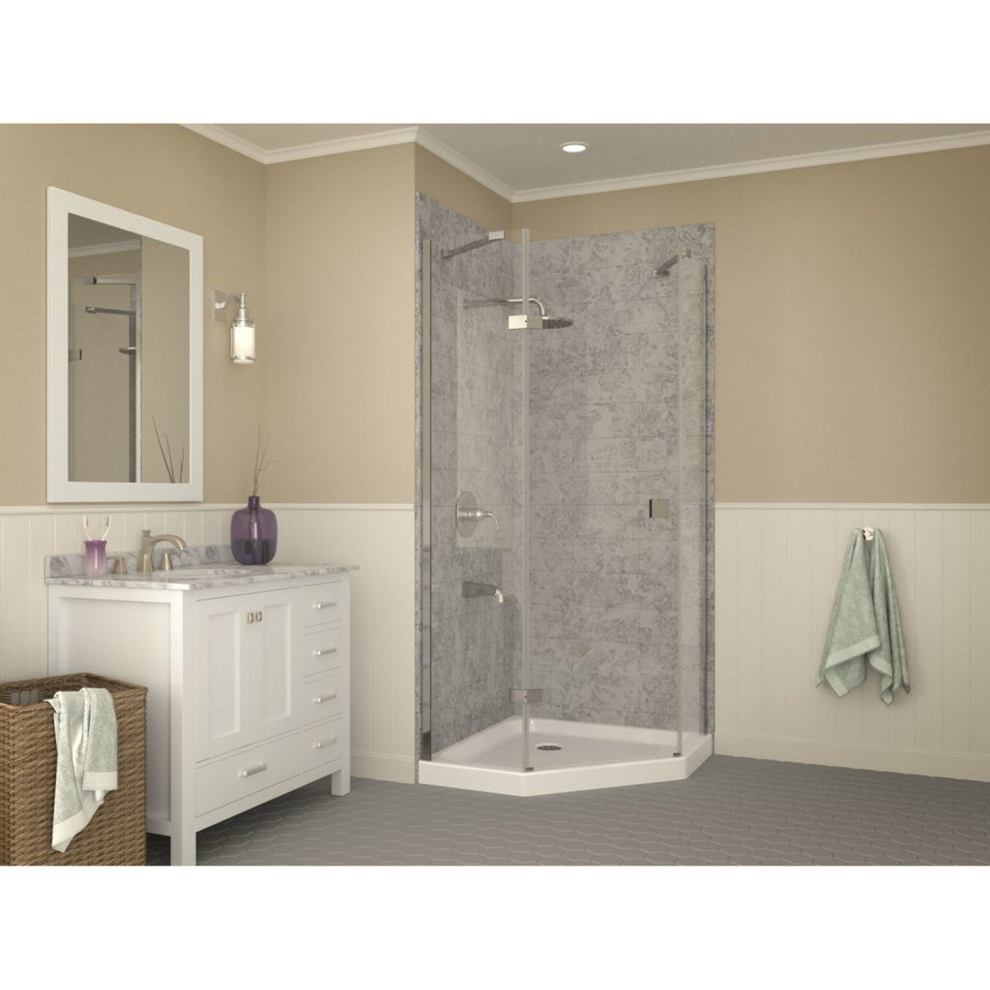 ANZZI Randi Series 36" x 36" Center Drain Neo-Angle Double Threshold White Shower Base With Built-in Tile Flange