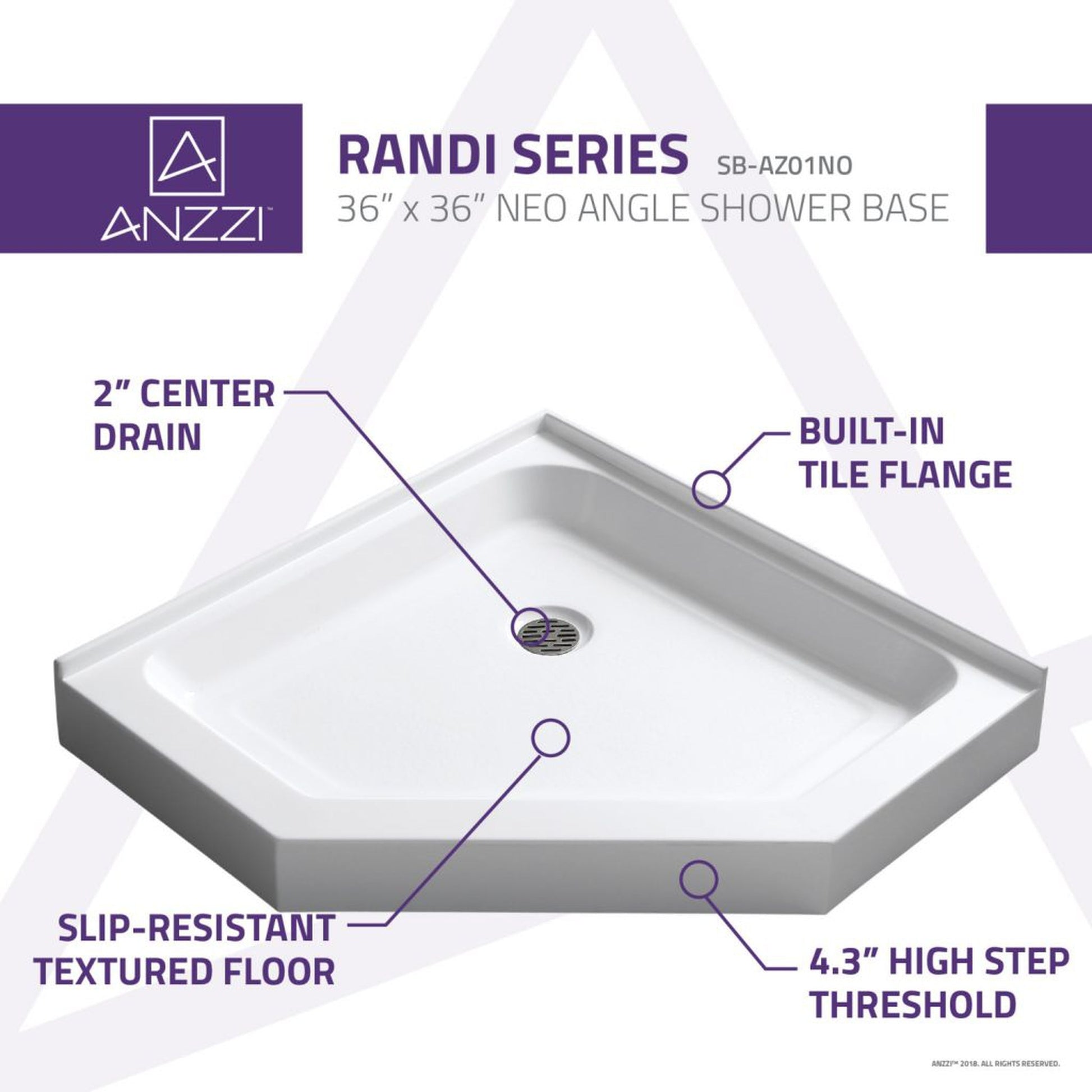 ANZZI Randi Series 36" x 36" Center Drain Neo-Angle Double Threshold White Shower Base With Built-in Tile Flange