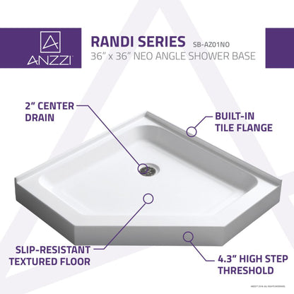 ANZZI Randi Series 36" x 36" Center Drain Neo-Angle Double Threshold White Shower Base With Built-in Tile Flange