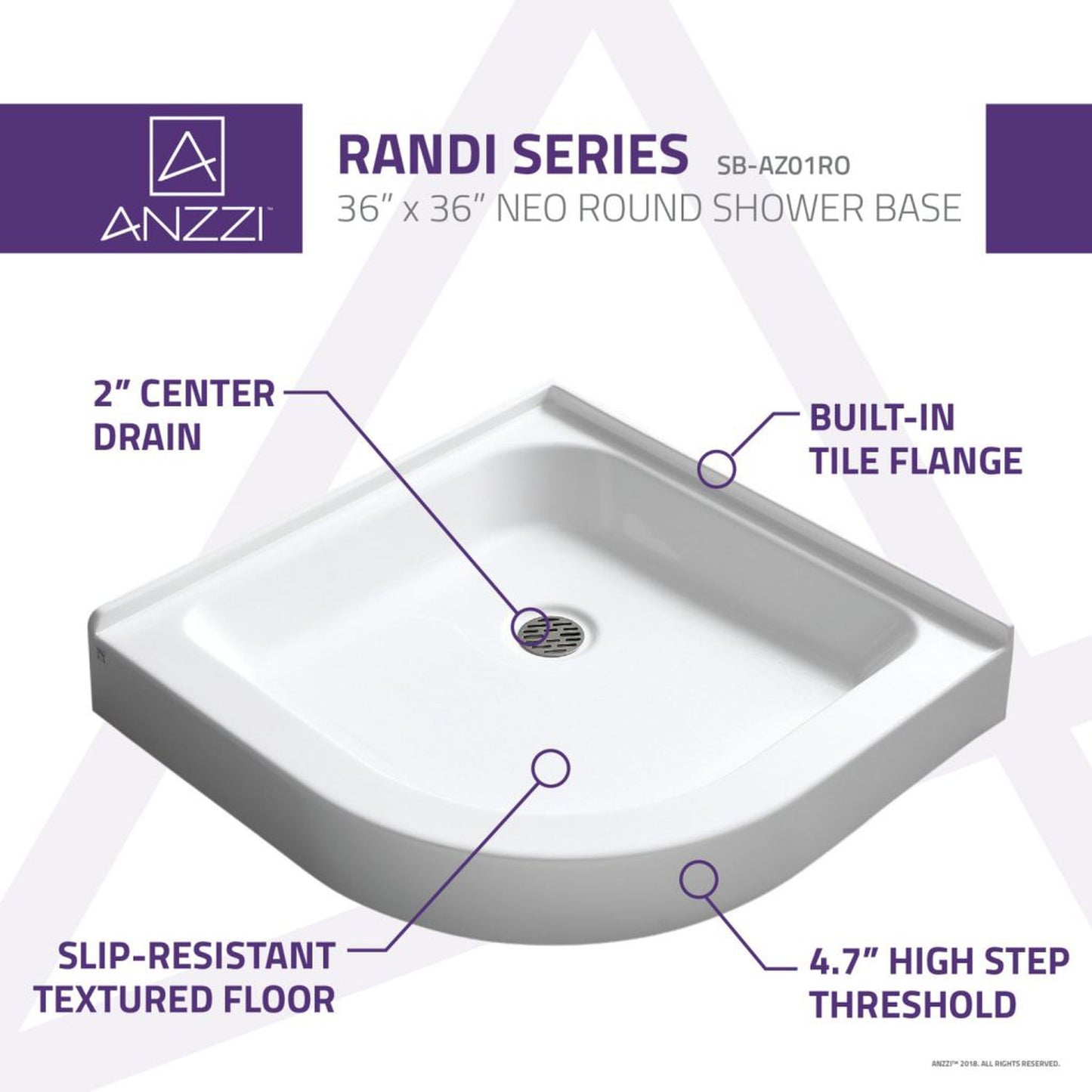 ANZZI Randi Series 36" x 36" Center Drain Neo-Round Double Threshold White Shower Base With Built-in Tile Flange