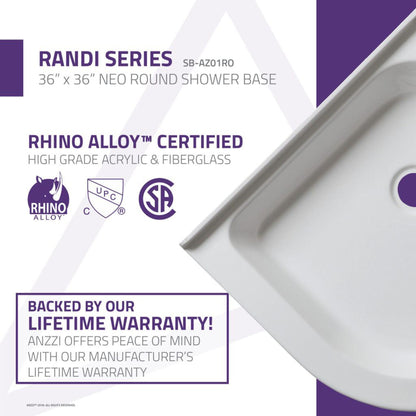 ANZZI Randi Series 36" x 36" Center Drain Neo-Round Double Threshold White Shower Base With Built-in Tile Flange