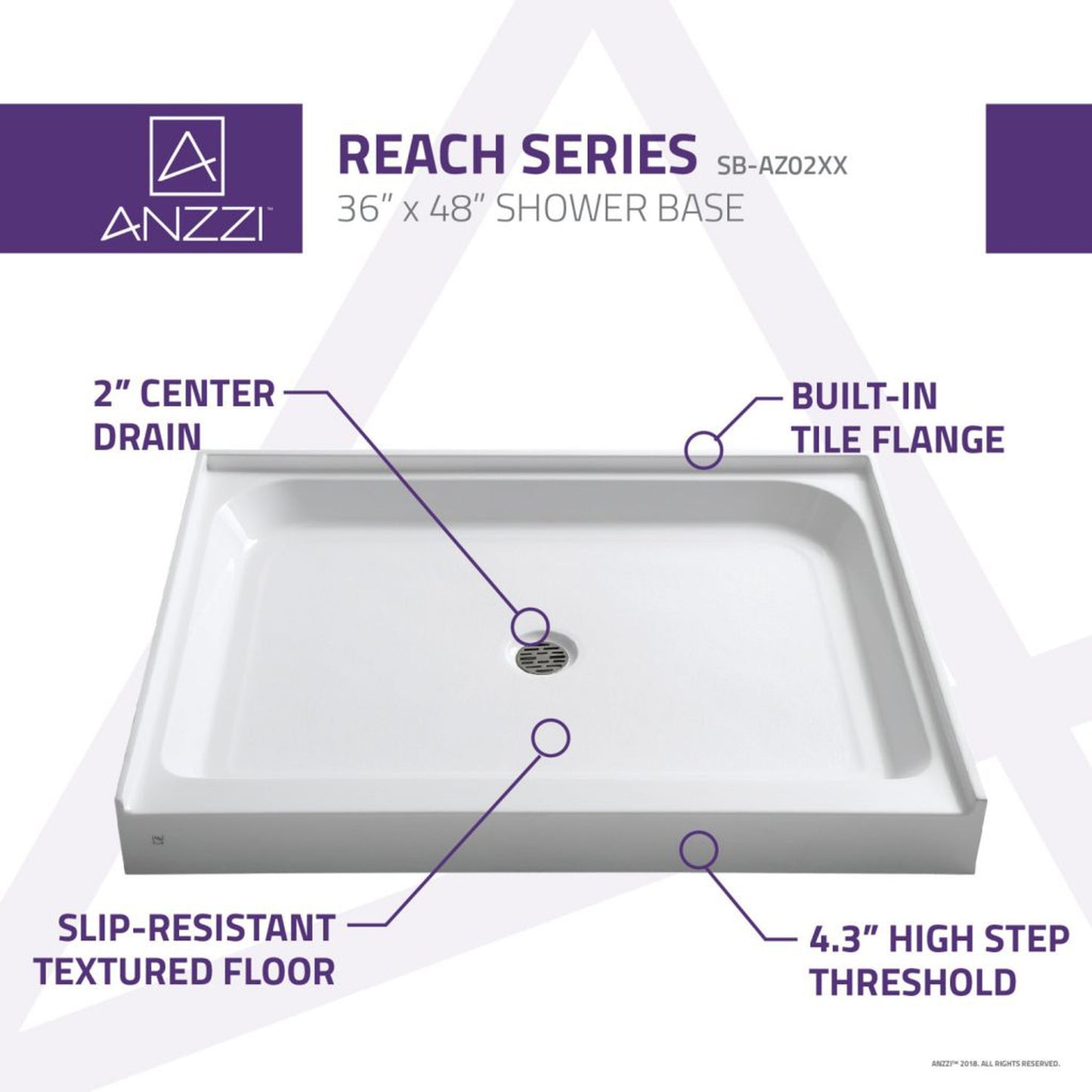 ANZZI Reach Series 48" x 36" Center Drain Single Threshold White Shower Base With Built-in Tile Flange