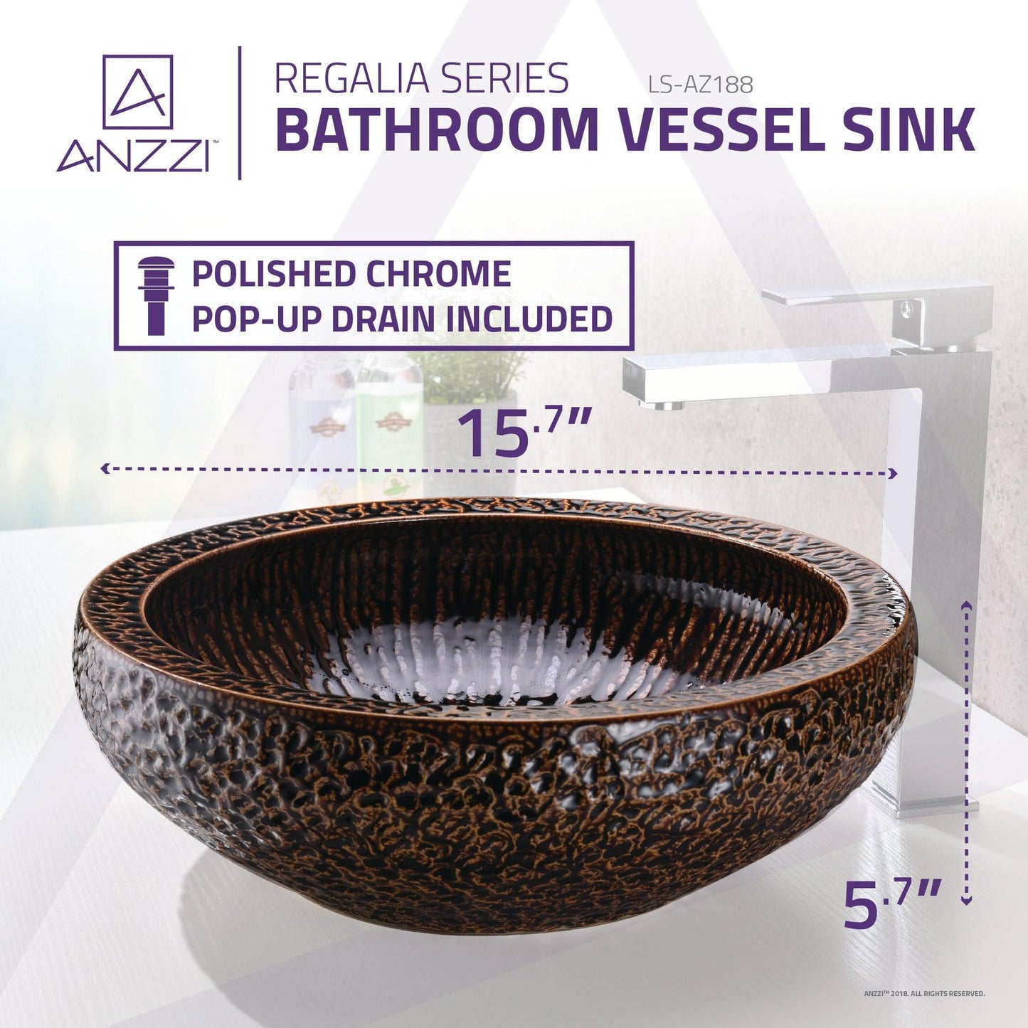 ANZZI Regalia Series 16" x 16" Round Speckled Umber Deco-Glass Vessel Sink With Polished Chrome Pop-Up Drain