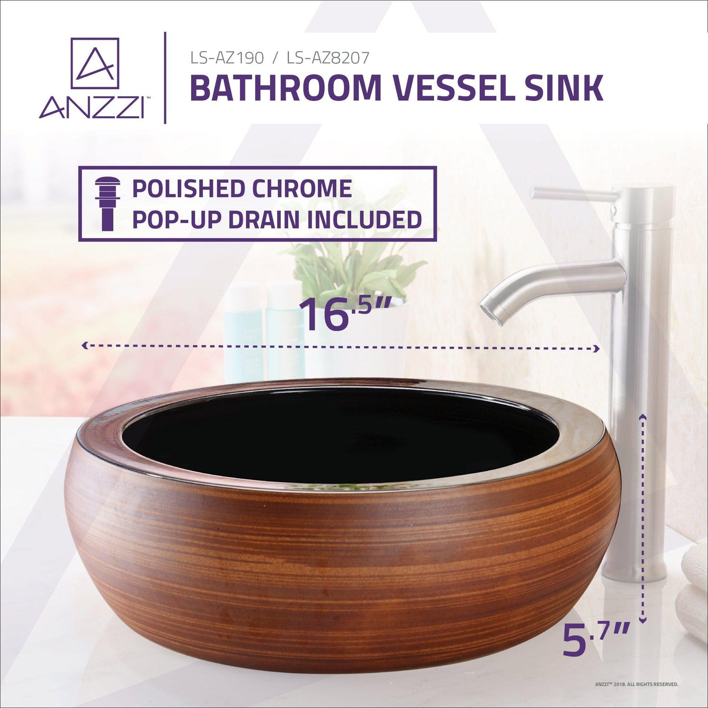 ANZZI Regalia Series 17" x 17" Round Black Fusion Deco-Glass Vessel Sink With Polished Chrome Pop-Up Drain