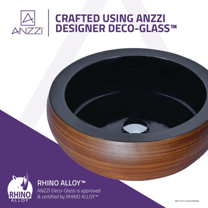 ANZZI Regalia Series 17" x 17" Round Black Fusion Deco-Glass Vessel Sink With Polished Chrome Pop-Up Drain