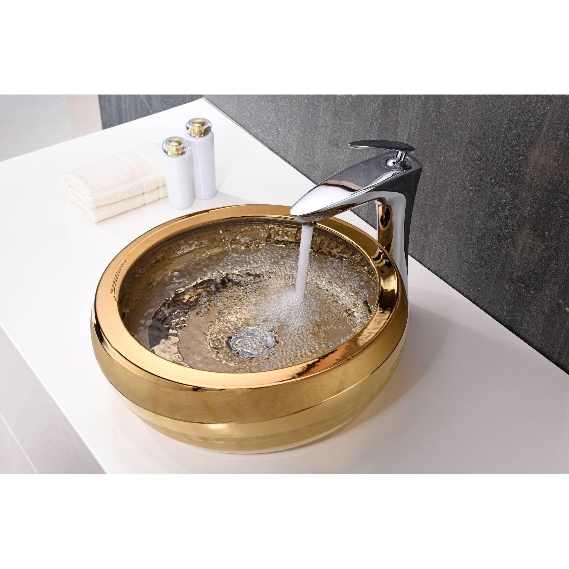 ANZZI Regalia Series 17" x 17" Round Smoothed Gold Deco-Glass Vessel Sink With Polished Chrome Pop-Up Drain