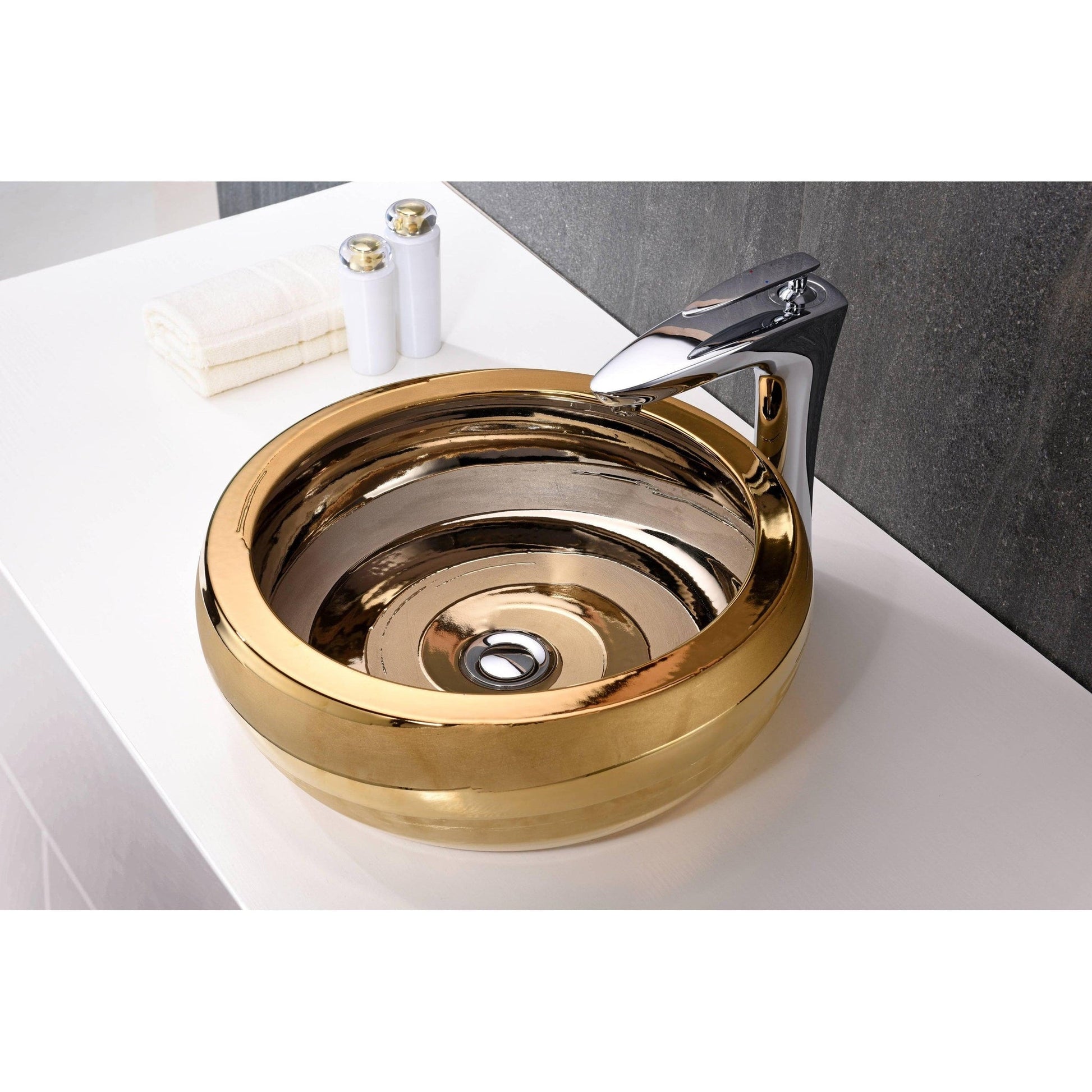 ANZZI Regalia Series 17" x 17" Round Smoothed Gold Deco-Glass Vessel Sink With Polished Chrome Pop-Up Drain