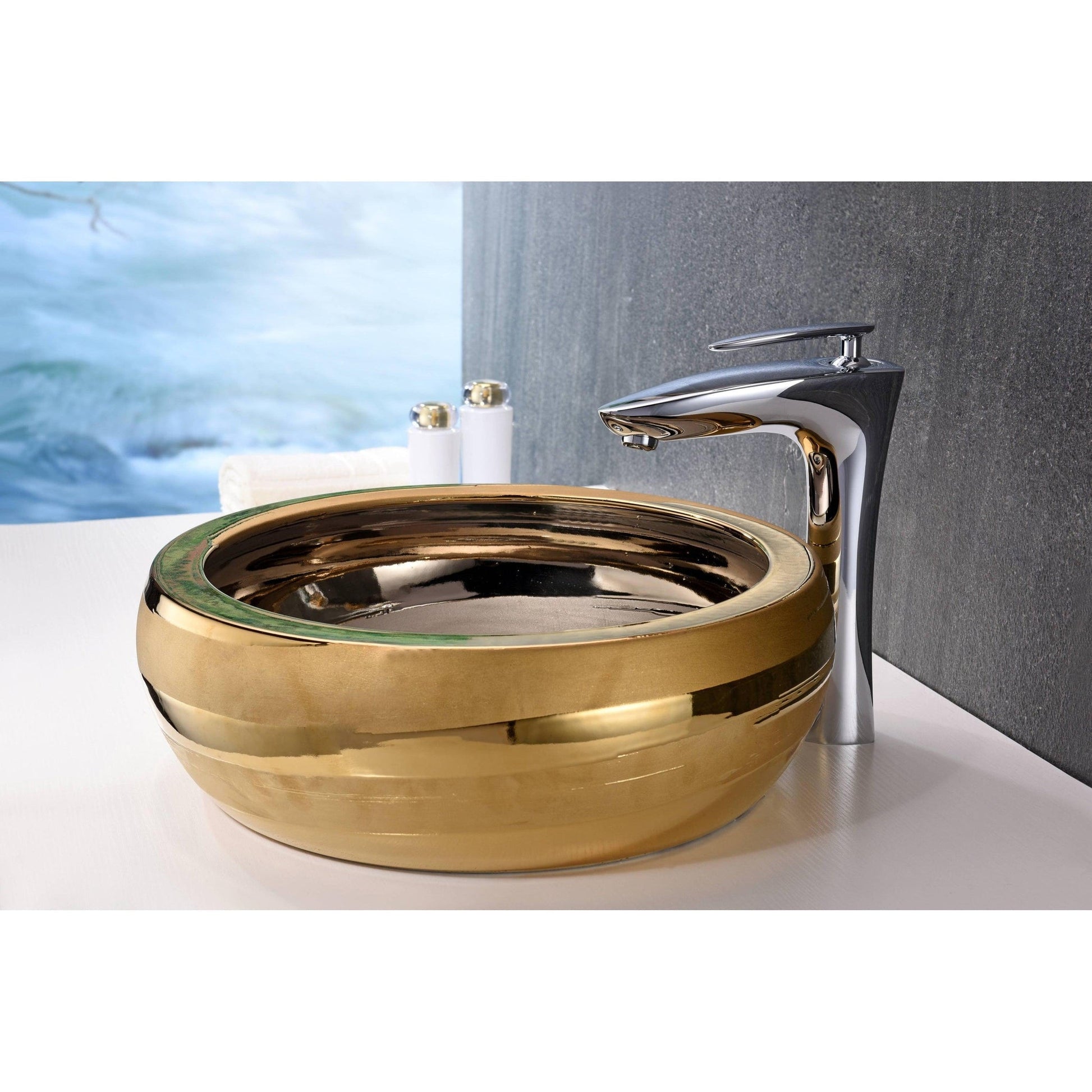 ANZZI Regalia Series 17" x 17" Round Smoothed Gold Deco-Glass Vessel Sink With Polished Chrome Pop-Up Drain