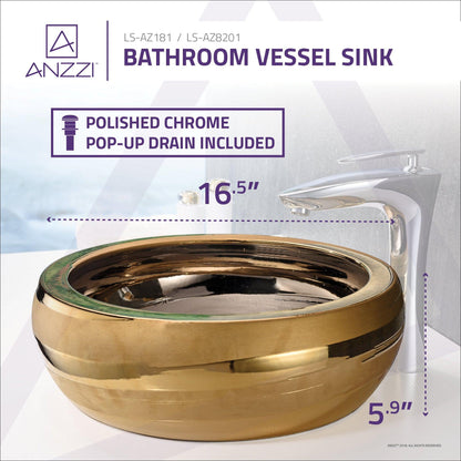 ANZZI Regalia Series 17" x 17" Round Smoothed Gold Deco-Glass Vessel Sink With Polished Chrome Pop-Up Drain