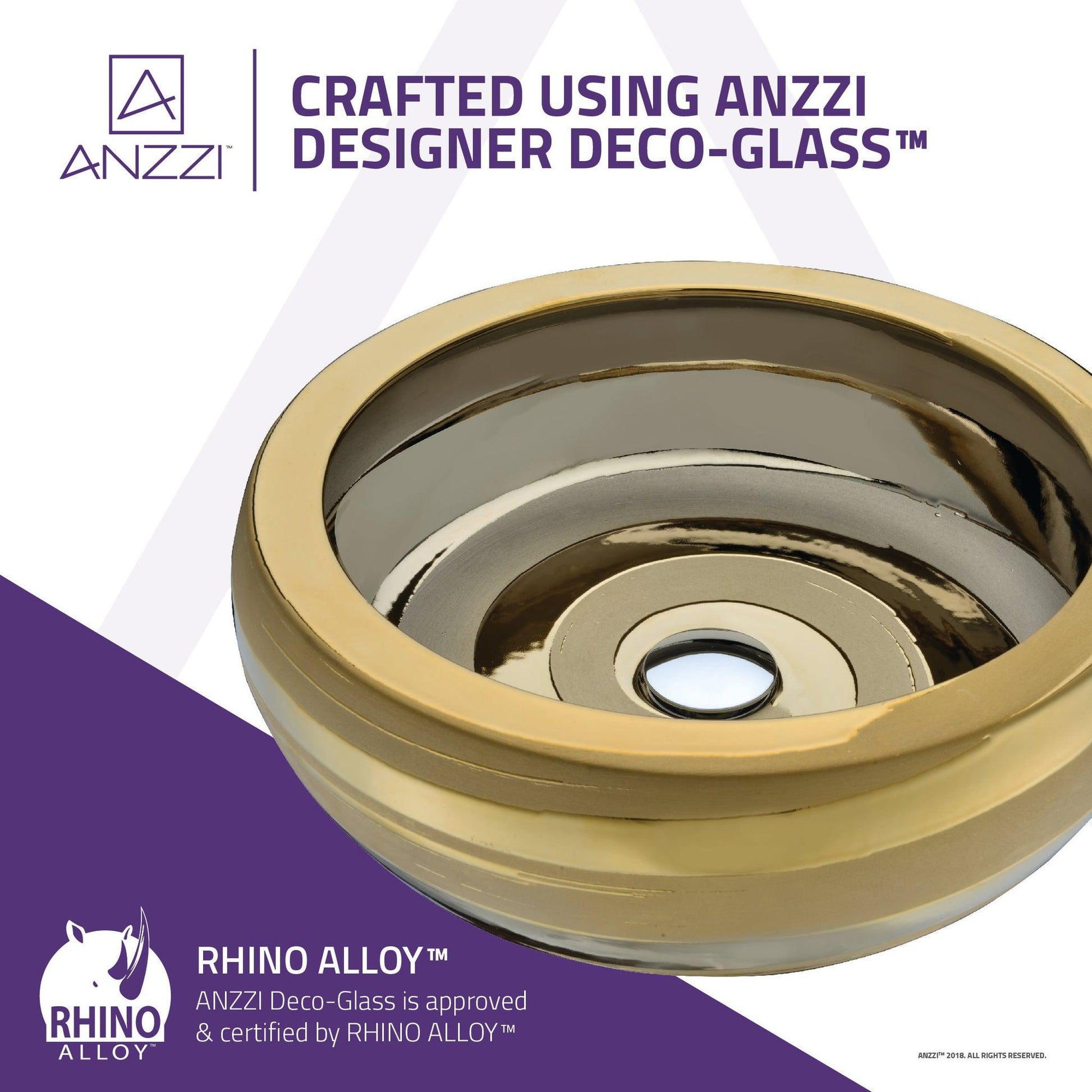 ANZZI Regalia Series 17" x 17" Round Smoothed Gold Deco-Glass Vessel Sink With Polished Chrome Pop-Up Drain