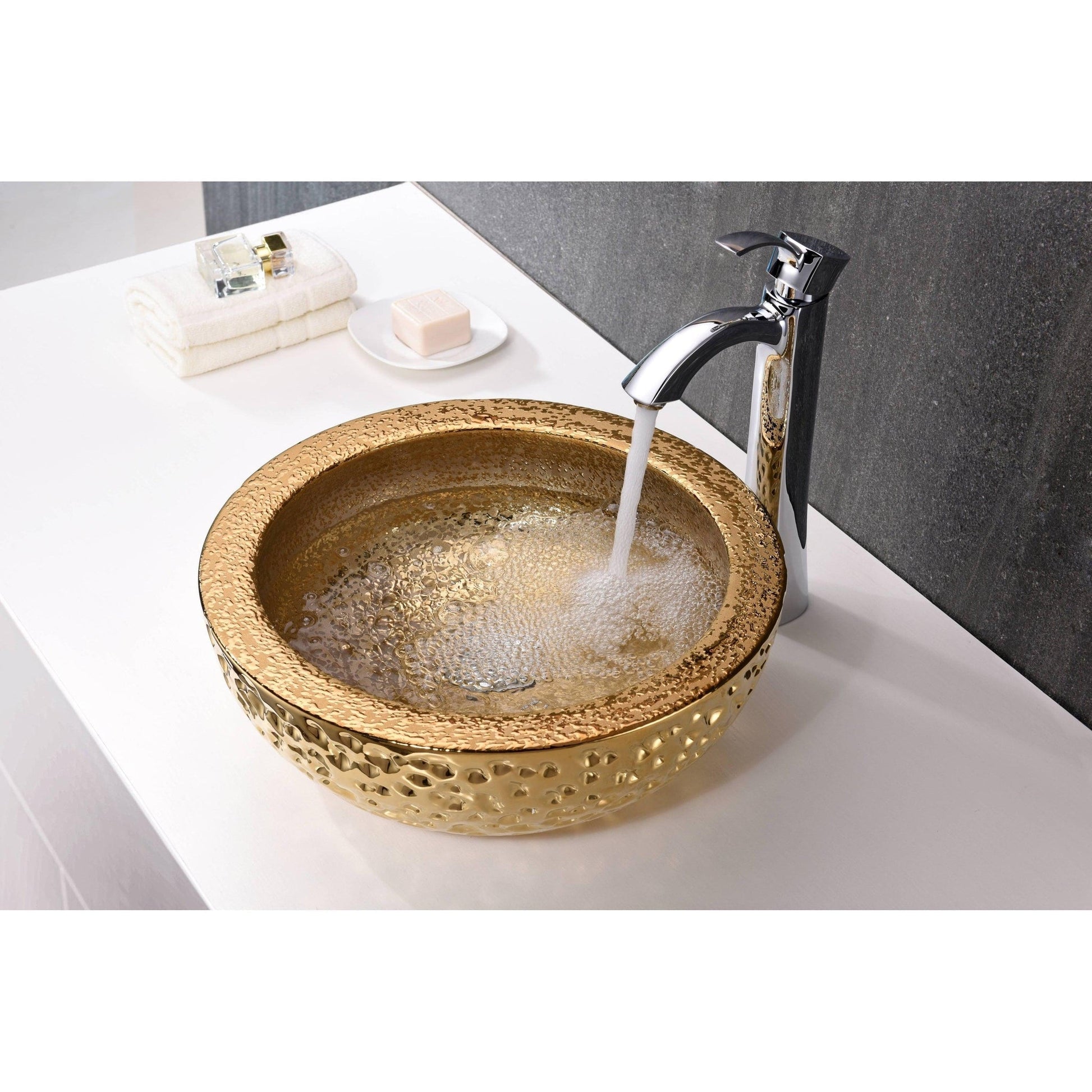 ANZZI Regalia Series 17" x 17" Round Speckled Gold Deco-Glass Vessel Sink With Polished Chrome Pop-Up Drain