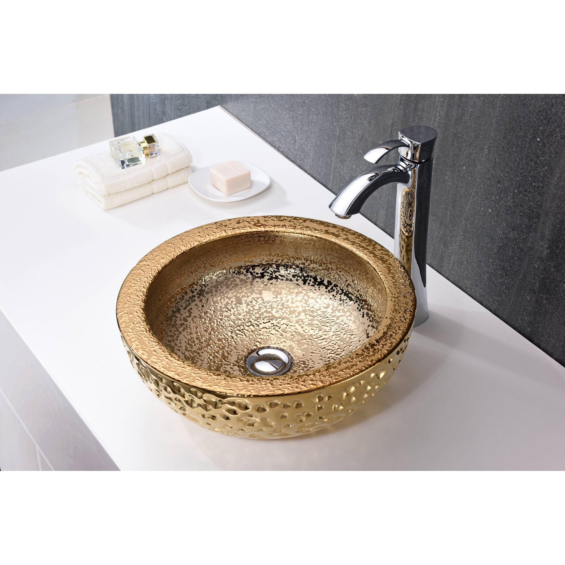 ANZZI Regalia Series 17" x 17" Round Speckled Gold Deco-Glass Vessel Sink With Polished Chrome Pop-Up Drain