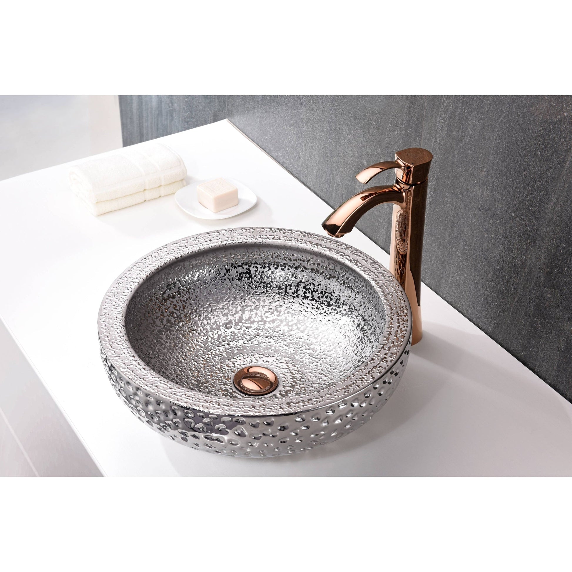 ANZZI Regalia Series 17" x 17" Round Speckled Silver Deco-Glass Vessel Sink With Polished Chrome Pop-Up Drain