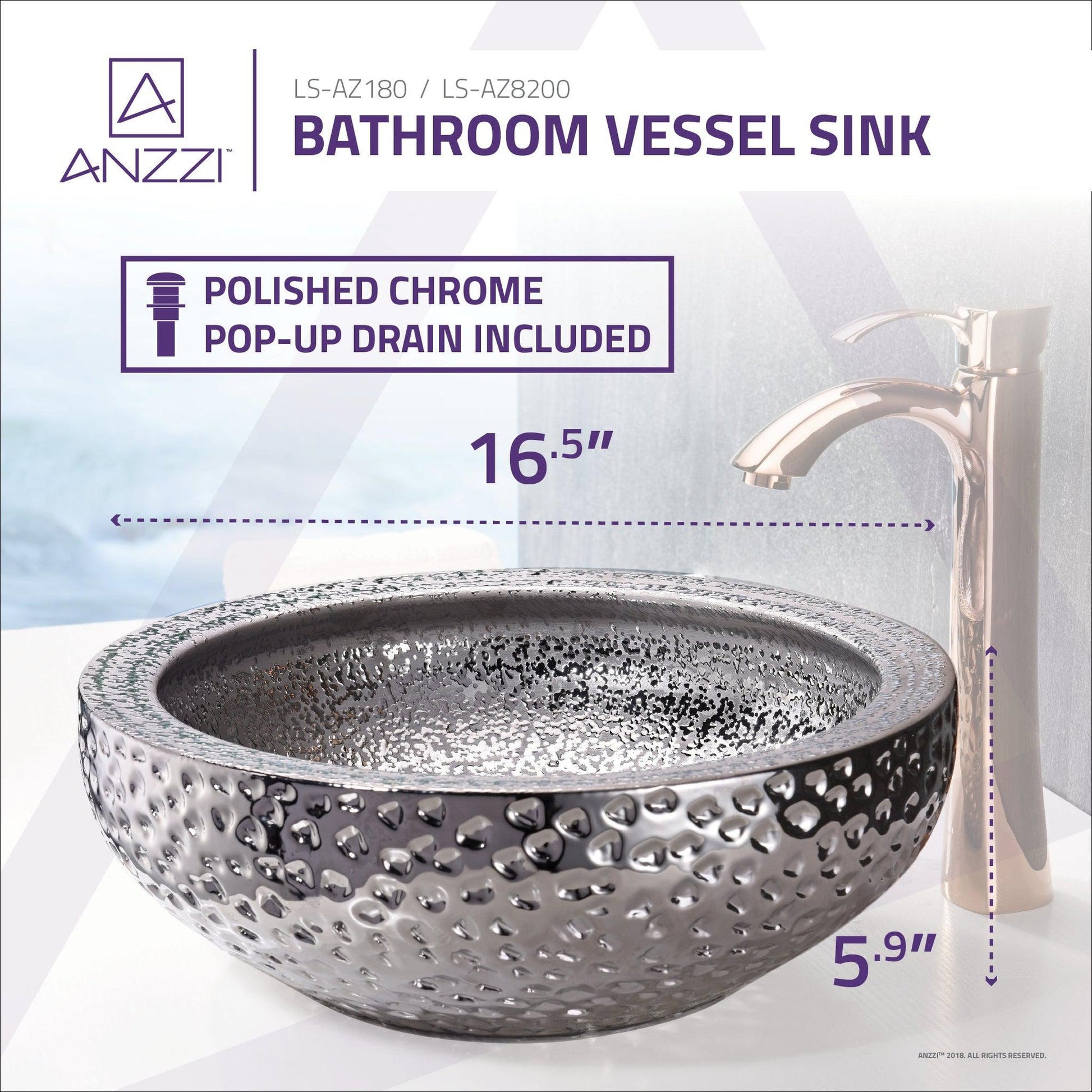 ANZZI Regalia Series 17" x 17" Round Speckled Silver Deco-Glass Vessel Sink With Polished Chrome Pop-Up Drain