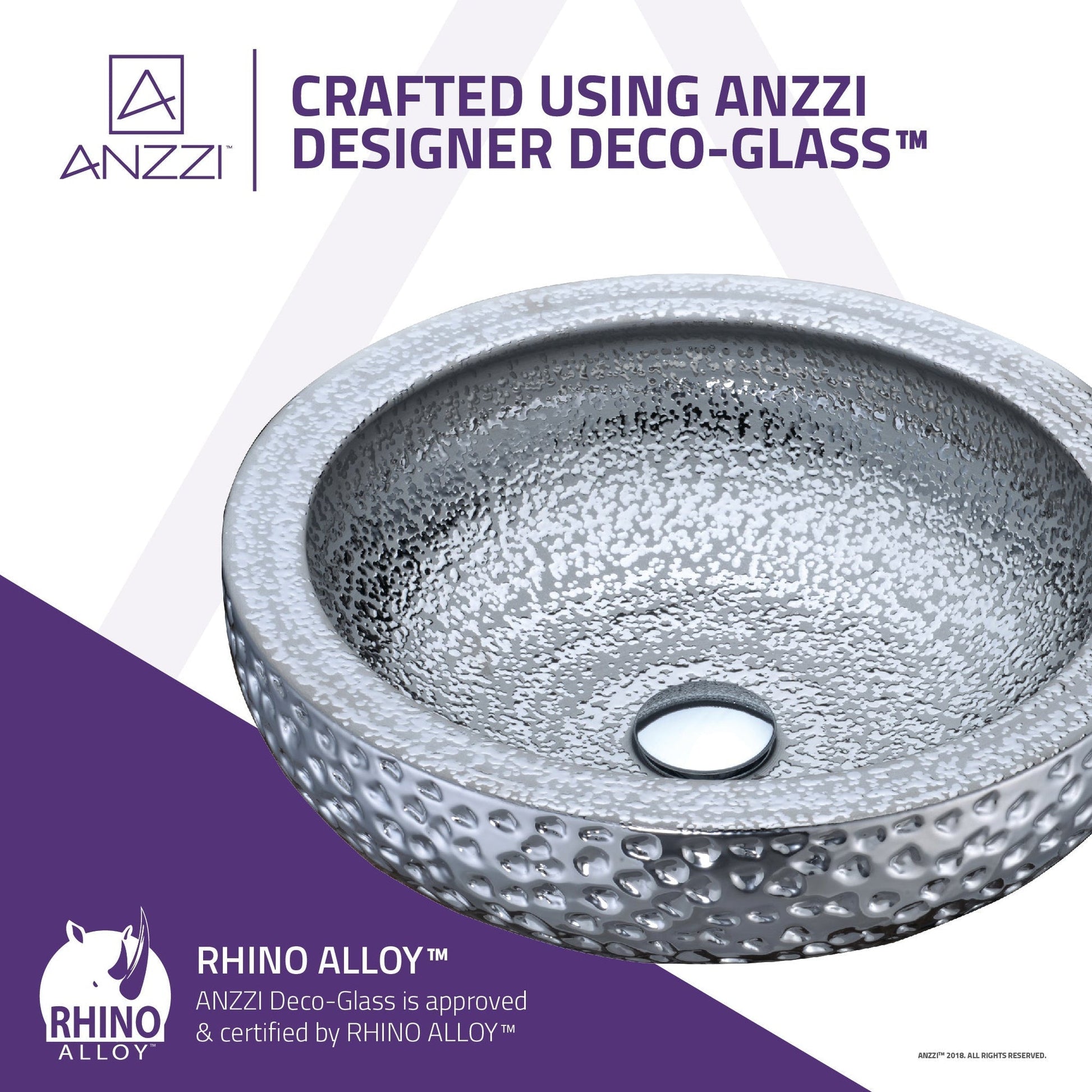 ANZZI Regalia Series 17" x 17" Round Speckled Silver Deco-Glass Vessel Sink With Polished Chrome Pop-Up Drain