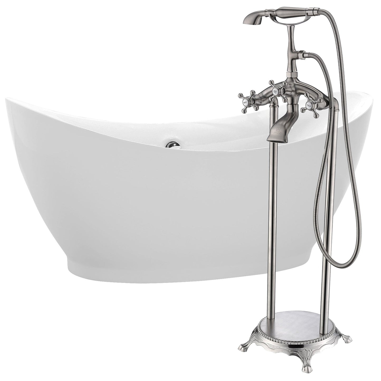 ANZZI Reginald Series 68" x 31" Glossy White Freestanding Bathtub With Built-In Overflow, Pop Up Drain and Tugela Bathtub Faucet