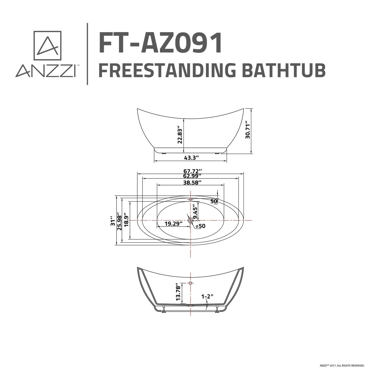 ANZZI Reginald Series 68" x 31" Glossy White Freestanding Bathtub With Built-In Overflow and Pop-Up Drain