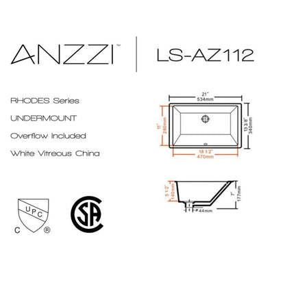 ANZZI Rhodes Series 21" x 13" Rectangular Glossy White Undermount Sink With Built-In Overflow