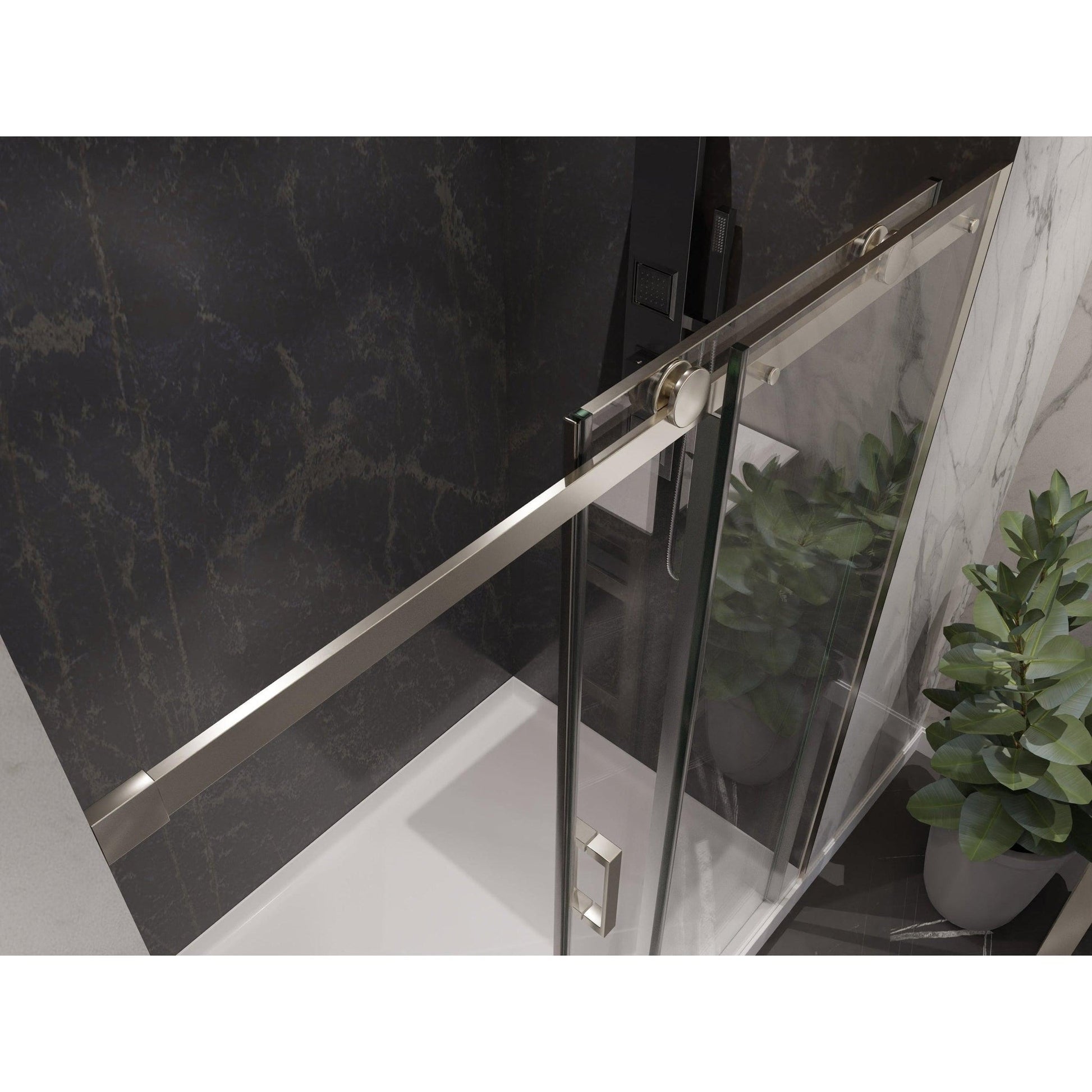 ANZZI Rhodes Series 48" x 76" Frameless Rectangular Brushed Nickel Sliding Shower Door With Handle Tsunami Guard