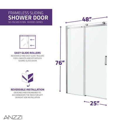 ANZZI Rhodes Series 48" x 76" Frameless Rectangular Brushed Nickel Sliding Shower Door With Handle Tsunami Guard