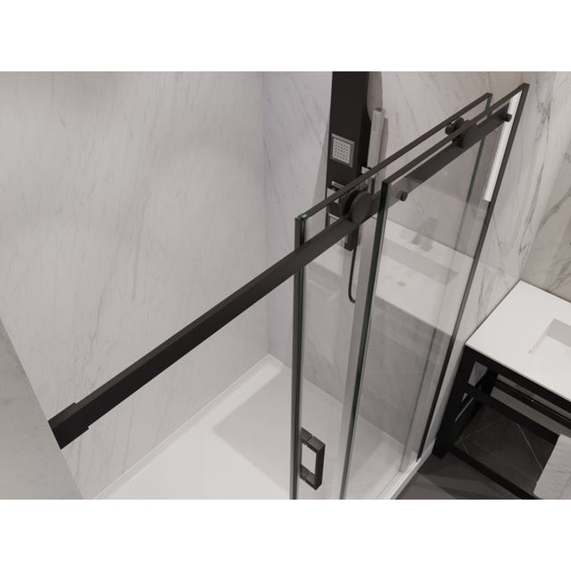 ANZZI Rhodes Series 48" x 76" Matte Black Frameless Sliding Rectangular Shower Door With Handle and Tsunami Guard