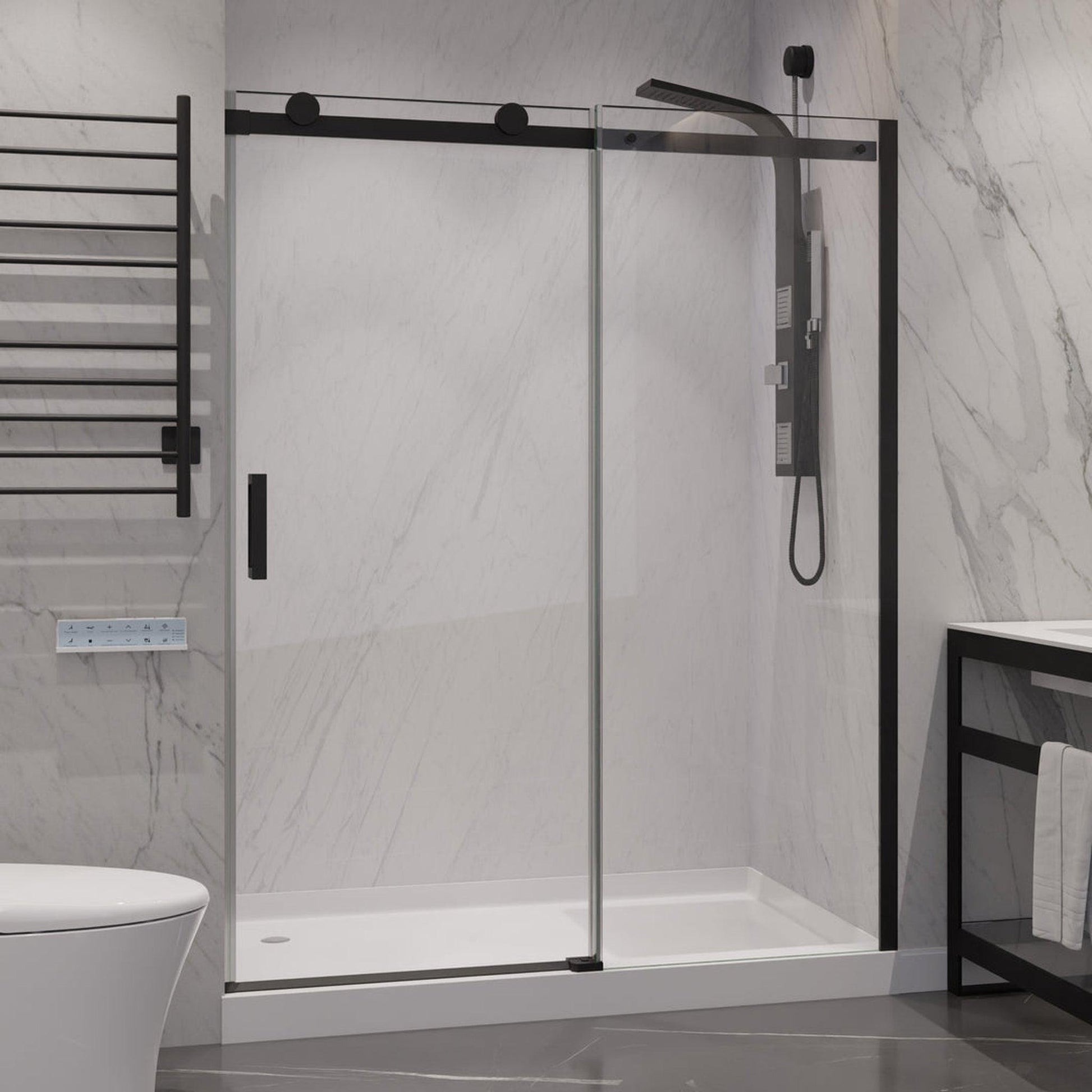 ANZZI Rhodes Series 48" x 76" Matte Black Frameless Sliding Rectangular Shower Door With Handle and Tsunami Guard