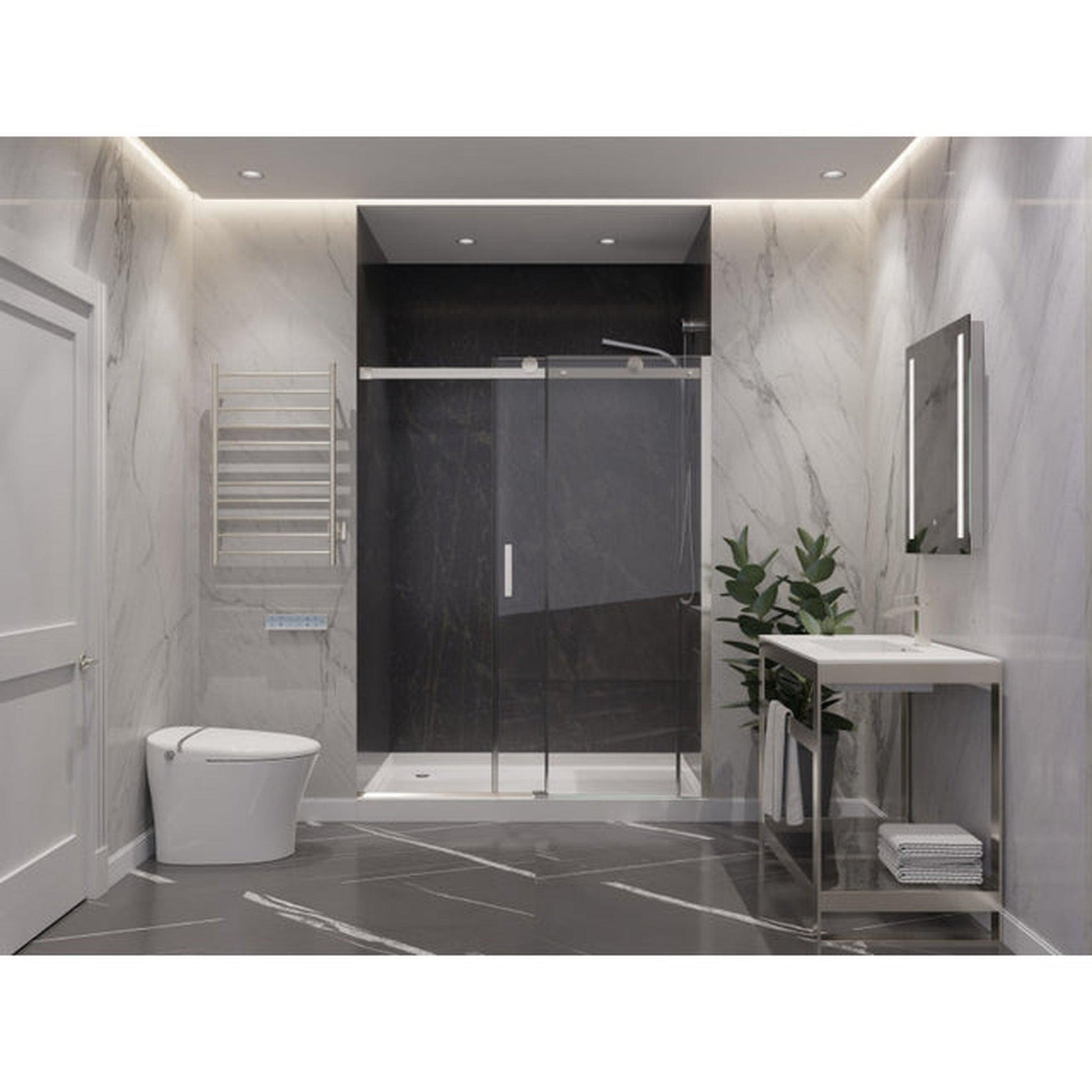 ANZZI Rhodes Series 60" x 76" Frameless Rectangular Brushed Nickel Sliding Shower Door With Handle and Tsunami Guard