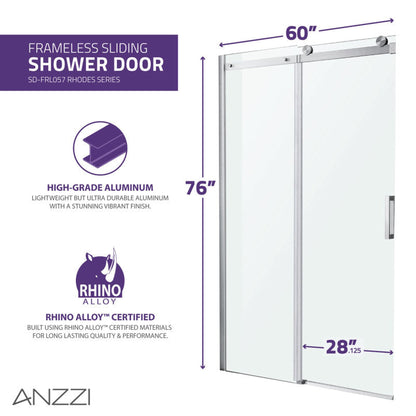 ANZZI Rhodes Series 60" x 76" Frameless Rectangular Brushed Nickel Sliding Shower Door With Handle and Tsunami Guard