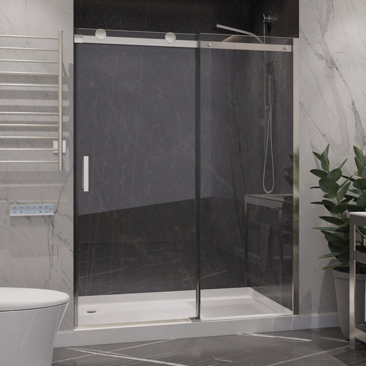 ANZZI Rhodes Series 60" x 76" Frameless Rectangular Brushed Nickel Sliding Shower Door With Handle and Tsunami Guard