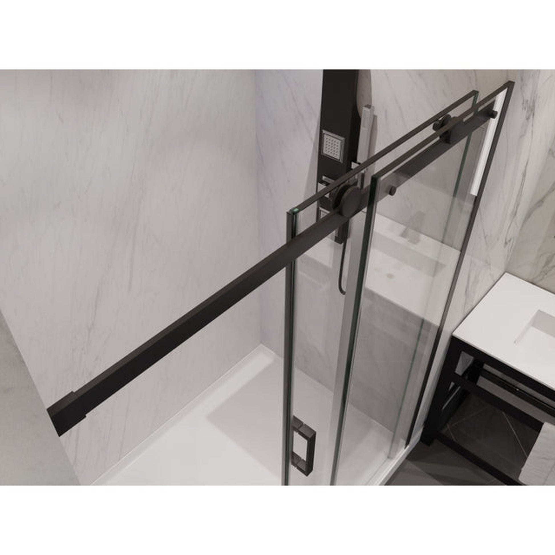 ANZZI Rhodes Series 60" x 76" Frameless Rectangular Matte Black Sliding Shower Door With Handle and Tsunami Guard