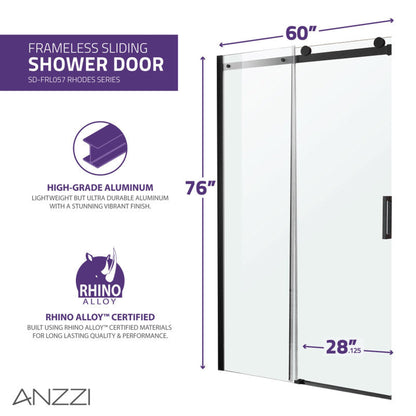 ANZZI Rhodes Series 60" x 76" Frameless Rectangular Matte Black Sliding Shower Door With Handle and Tsunami Guard