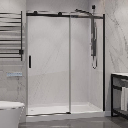 ANZZI Rhodes Series 60" x 76" Frameless Rectangular Matte Black Sliding Shower Door With Handle and Tsunami Guard