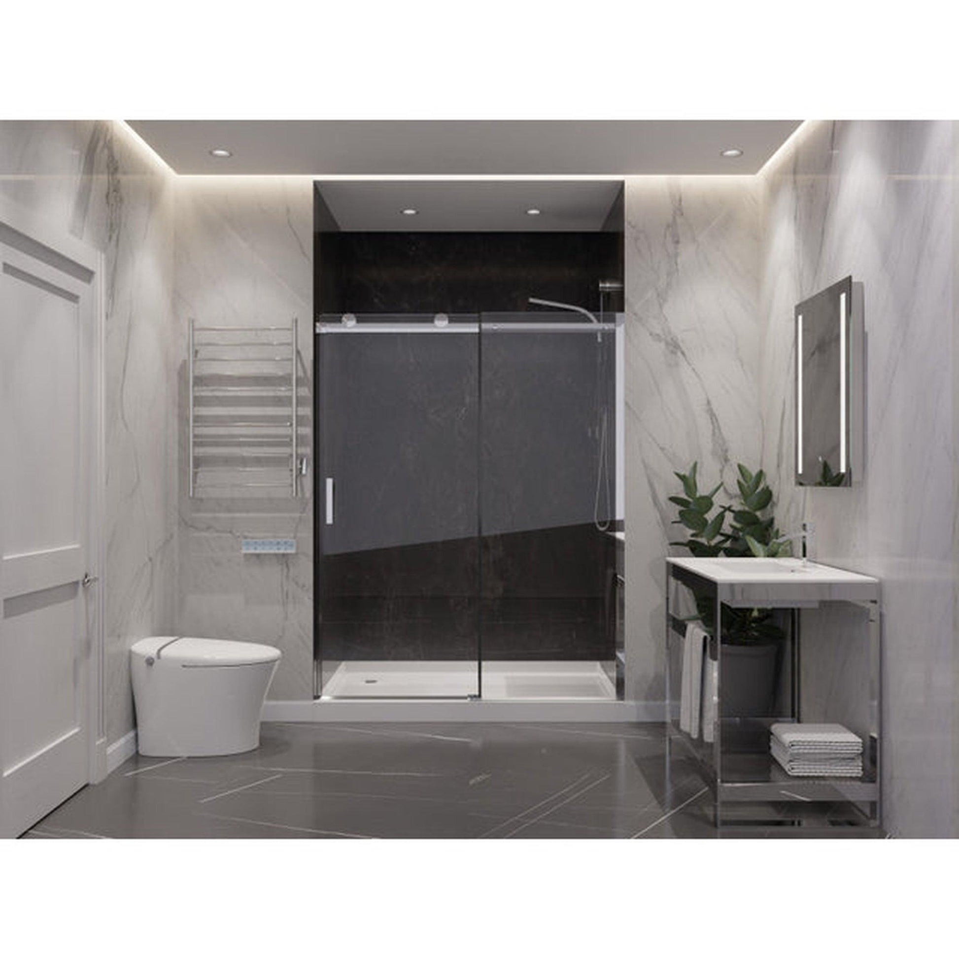 ANZZI Rhodes Series 60" x 76" Frameless Rectangular Polished Chrome Sliding Shower Door With Handle and Tsunami Guard