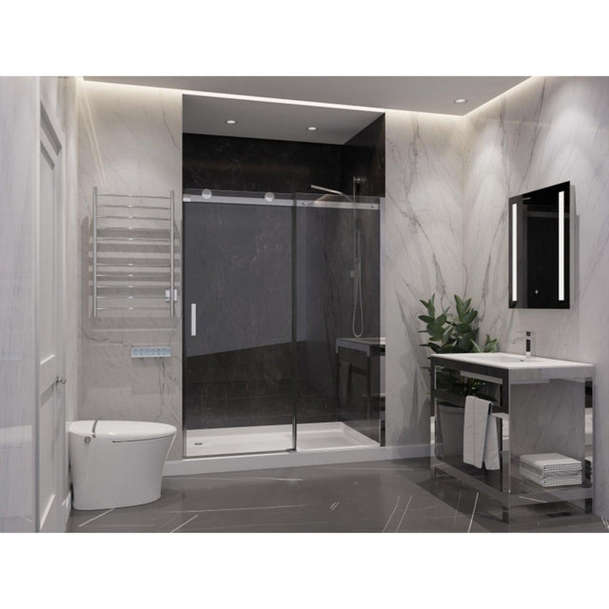 ANZZI Rhodes Series 60" x 76" Frameless Rectangular Polished Chrome Sliding Shower Door With Handle and Tsunami Guard