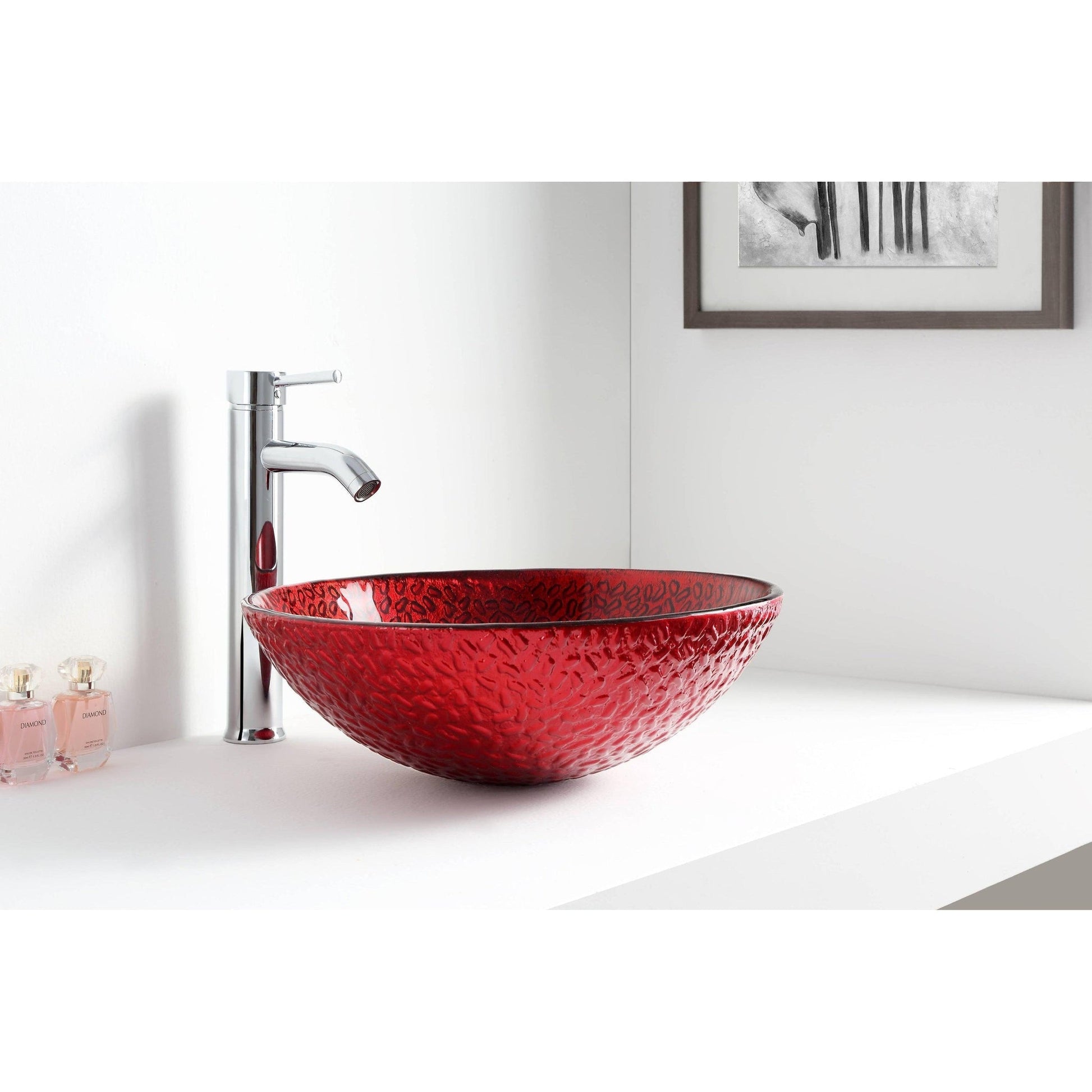ANZZI Rhythm Series 17" x 17" Round Lustrous Red Deco-Glass Vessel Sink With Polished Chrome Pop-Up Drain