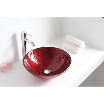 ANZZI Rhythm Series 17" x 17" Round Lustrous Red Deco-Glass Vessel Sink With Polished Chrome Pop-Up Drain