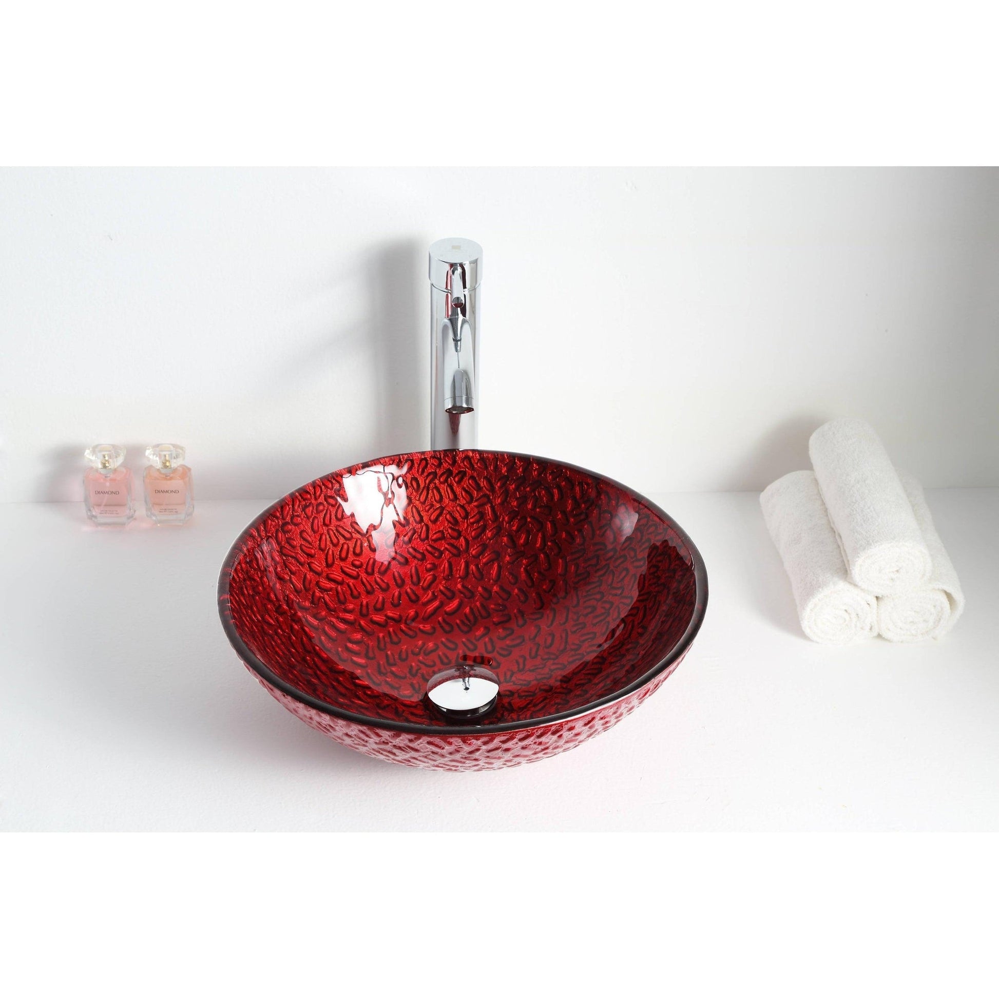 ANZZI Rhythm Series 17" x 17" Round Lustrous Red Deco-Glass Vessel Sink With Polished Chrome Pop-Up Drain